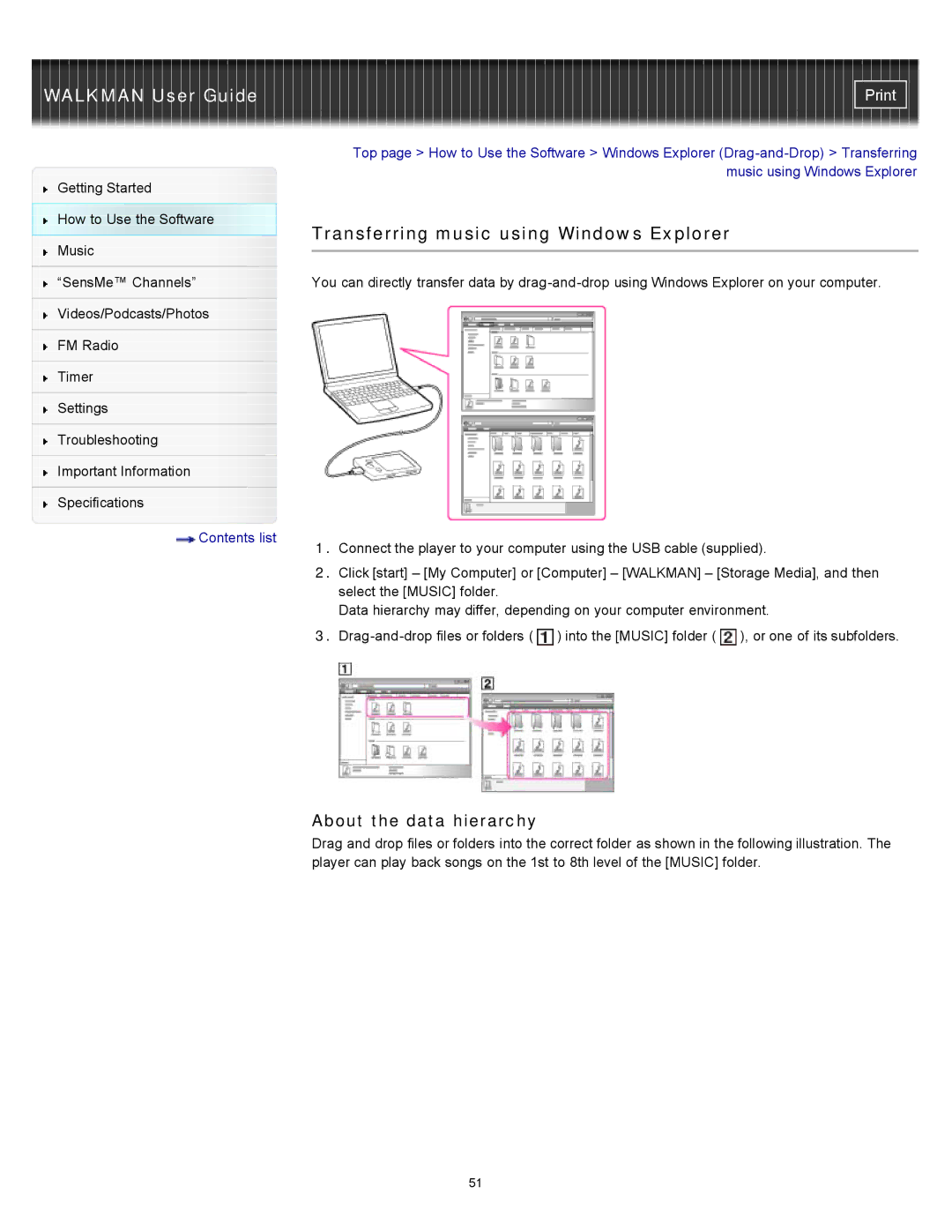 Sony NWZ-E355, NWZ-E353, NWZ-E354 specifications Transferring music using Windows Explorer, About the data hierarchy 