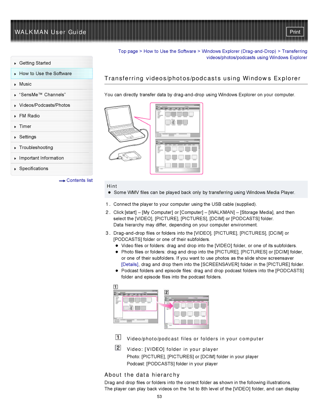 Sony NWZ-E354, NWZ-E355, NWZ-E353 specifications Transferring videos/photos/podcasts using Windows Explorer, Hint 