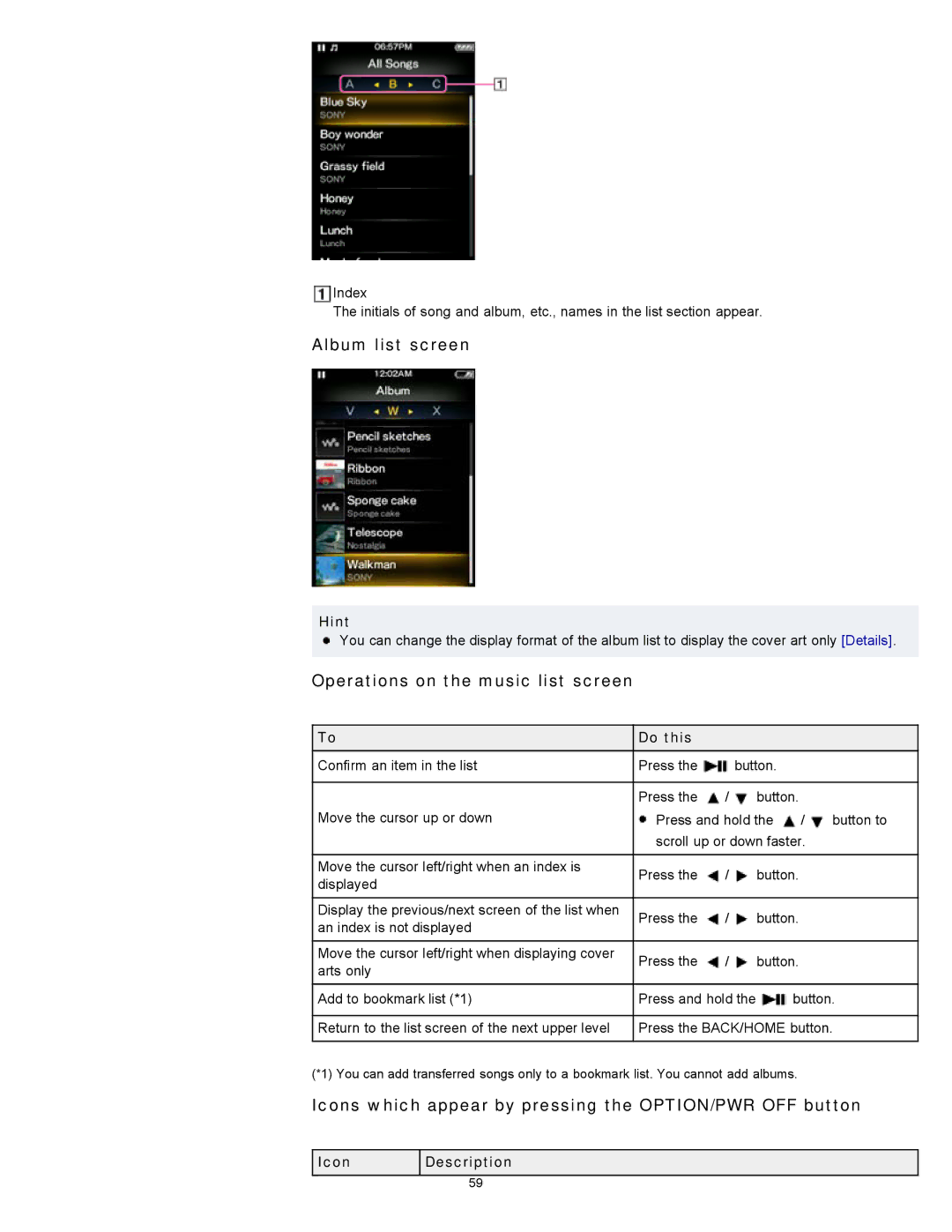 Sony NWZ-E354, NWZ-E355, NWZ-E353 specifications Album list screen, Operations on the music list screen 