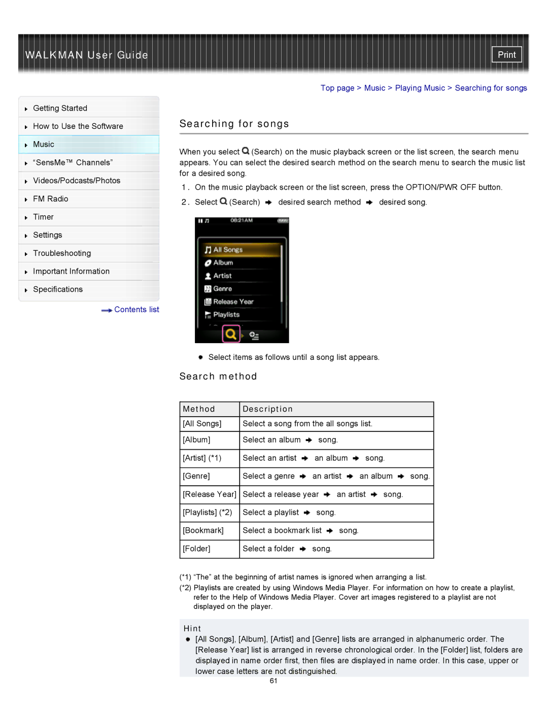 Sony NWZ-E353, NWZ-E355, NWZ-E354 specifications Searching for songs, Search method, Method Description 