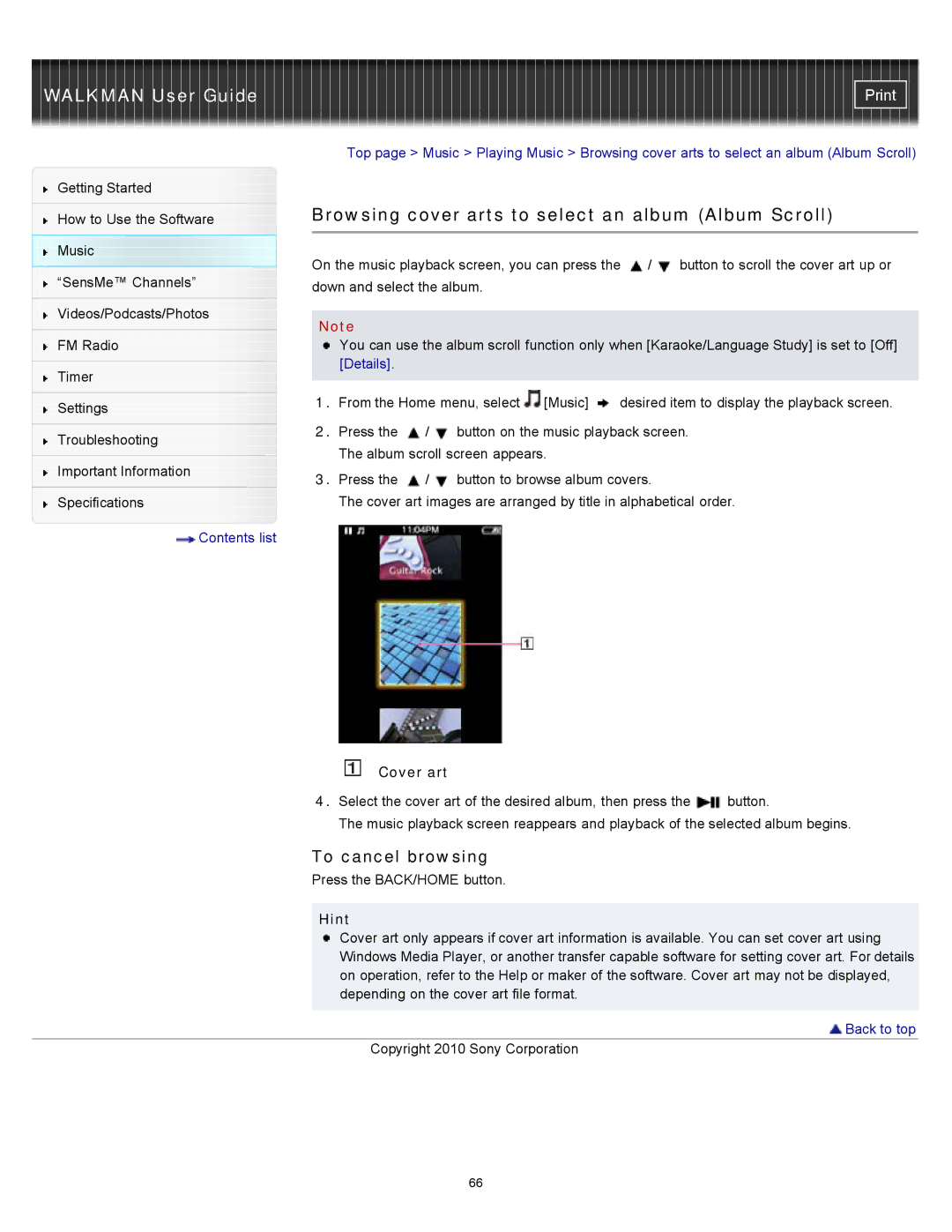 Sony NWZ-E355, NWZ-E353, NWZ-E354 Browsing cover arts to select an album Album Scroll, To cancel browsing, Cover art 