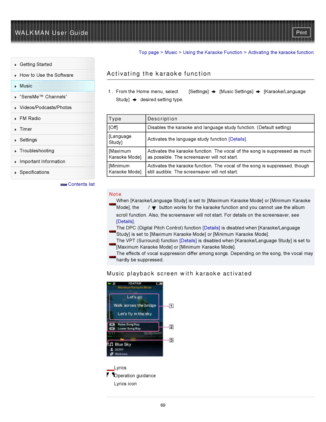 Sony NWZ-E355, NWZ-E353 Activating the karaoke function, Music playback screen with karaoke activated, Type Description 