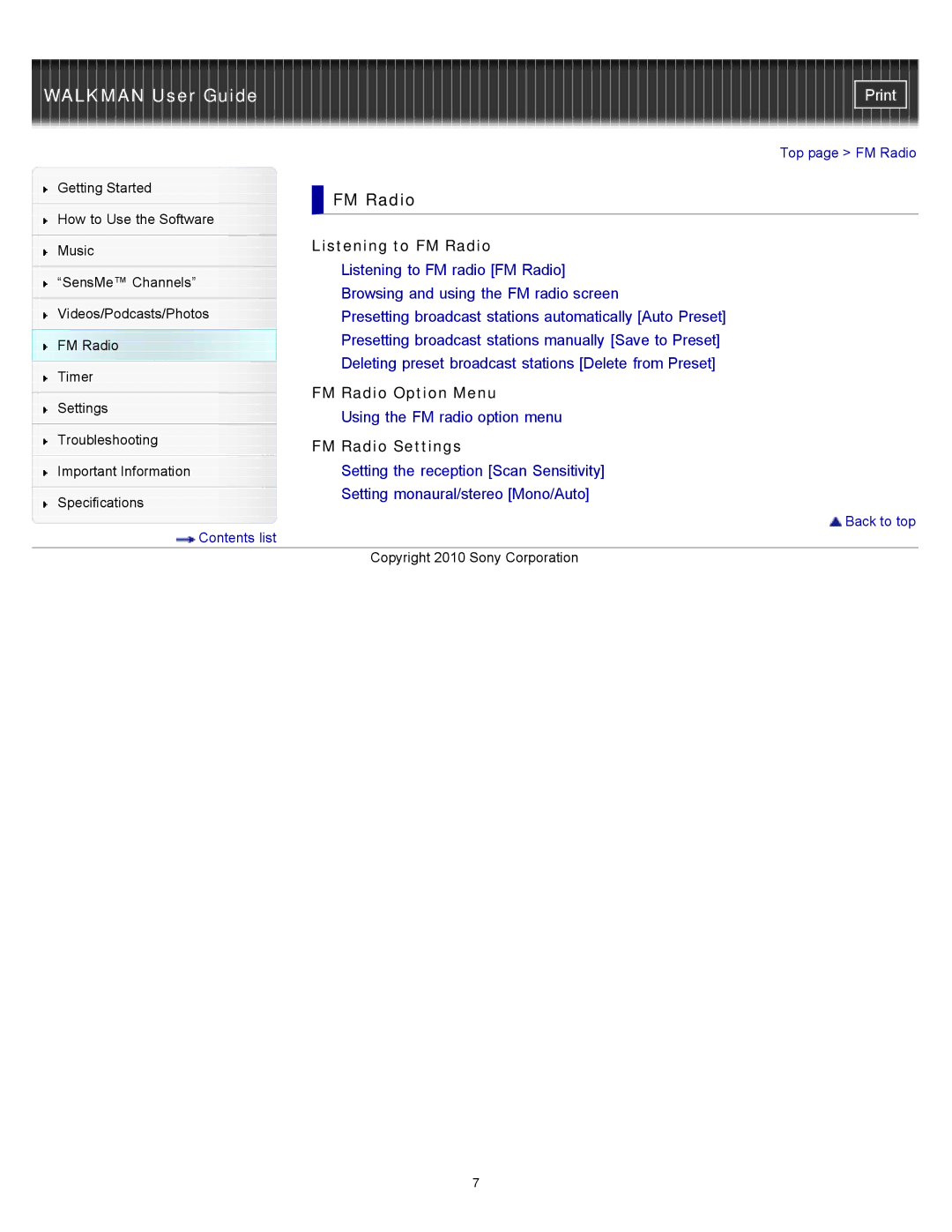 Sony NWZ-E353, NWZ-E355, NWZ-E354 specifications Listening to FM Radio, FM Radio Option Menu, FM Radio Settings 