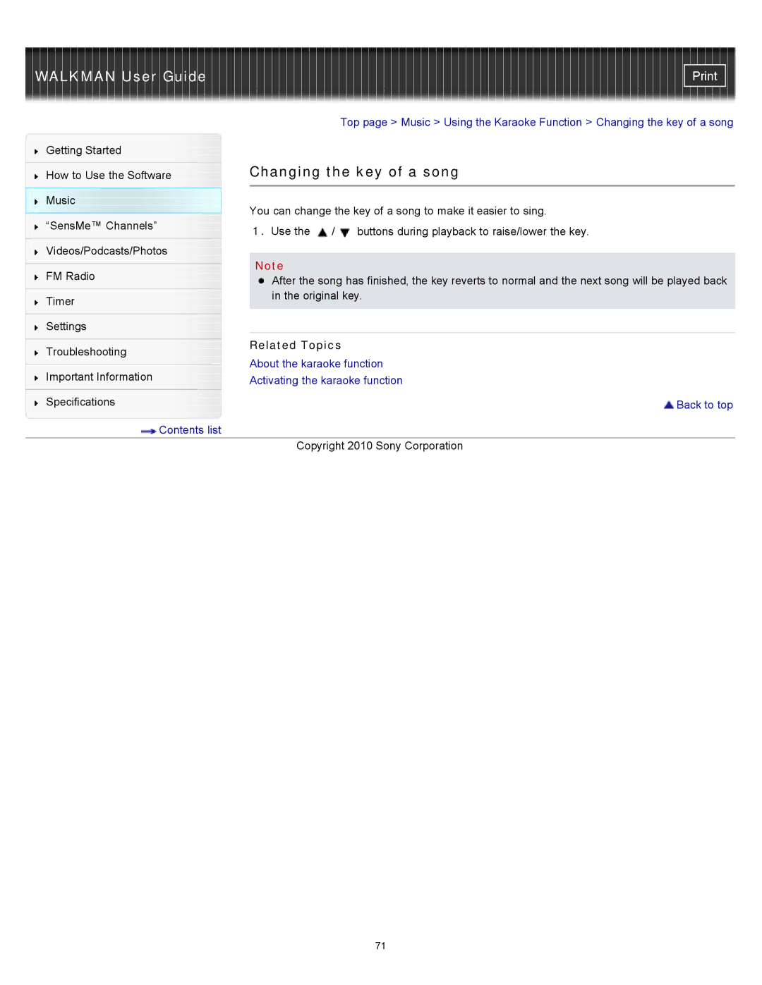 Sony NWZ-E354, NWZ-E355, NWZ-E353 specifications Changing the key of a song 