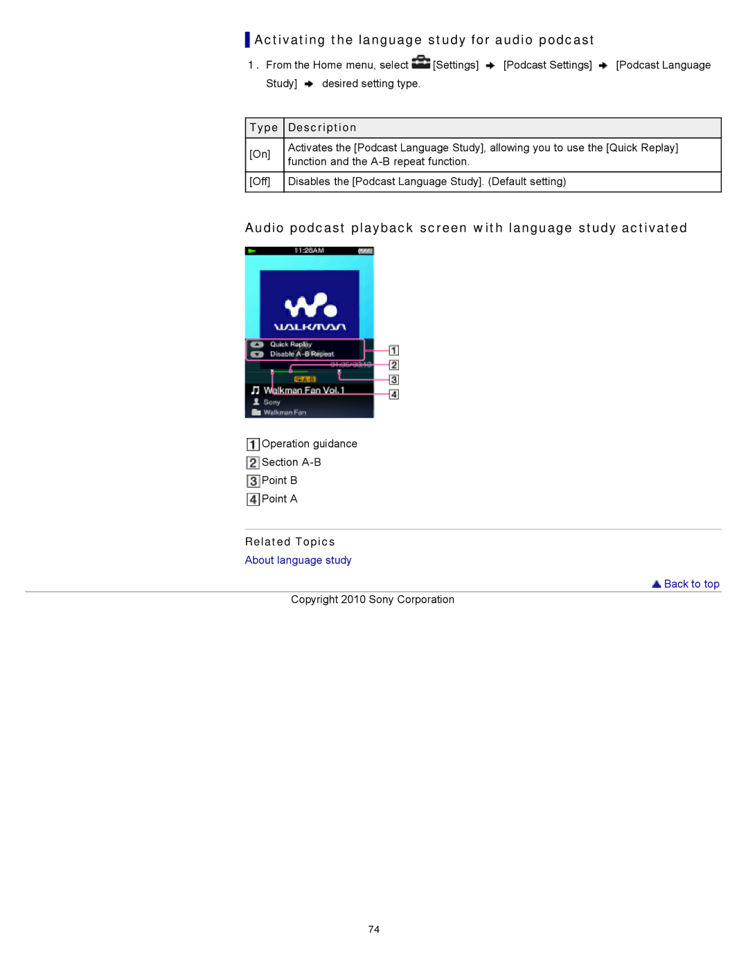 Sony NWZ-E354 Activating the language study for audio podcast, Audio podcast playback screen with language study activated 