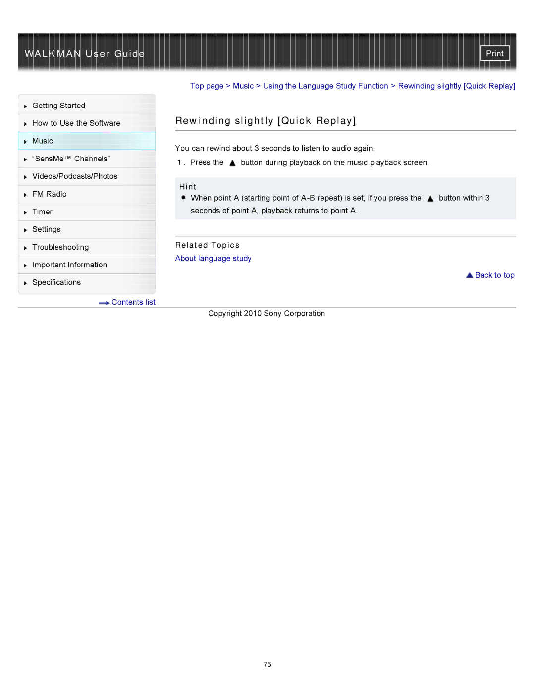 Sony NWZ-E355, NWZ-E353, NWZ-E354 specifications Rewinding slightly Quick Replay, Hint 