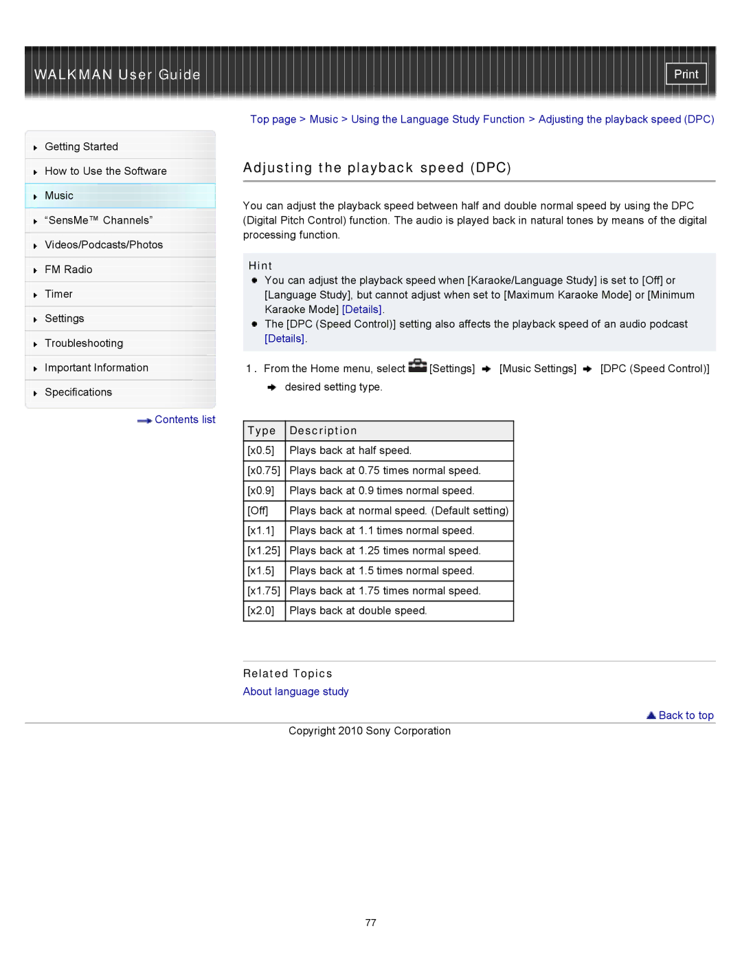 Sony NWZ-E354, NWZ-E355, NWZ-E353 specifications Adjusting the playback speed DPC, Type Description 