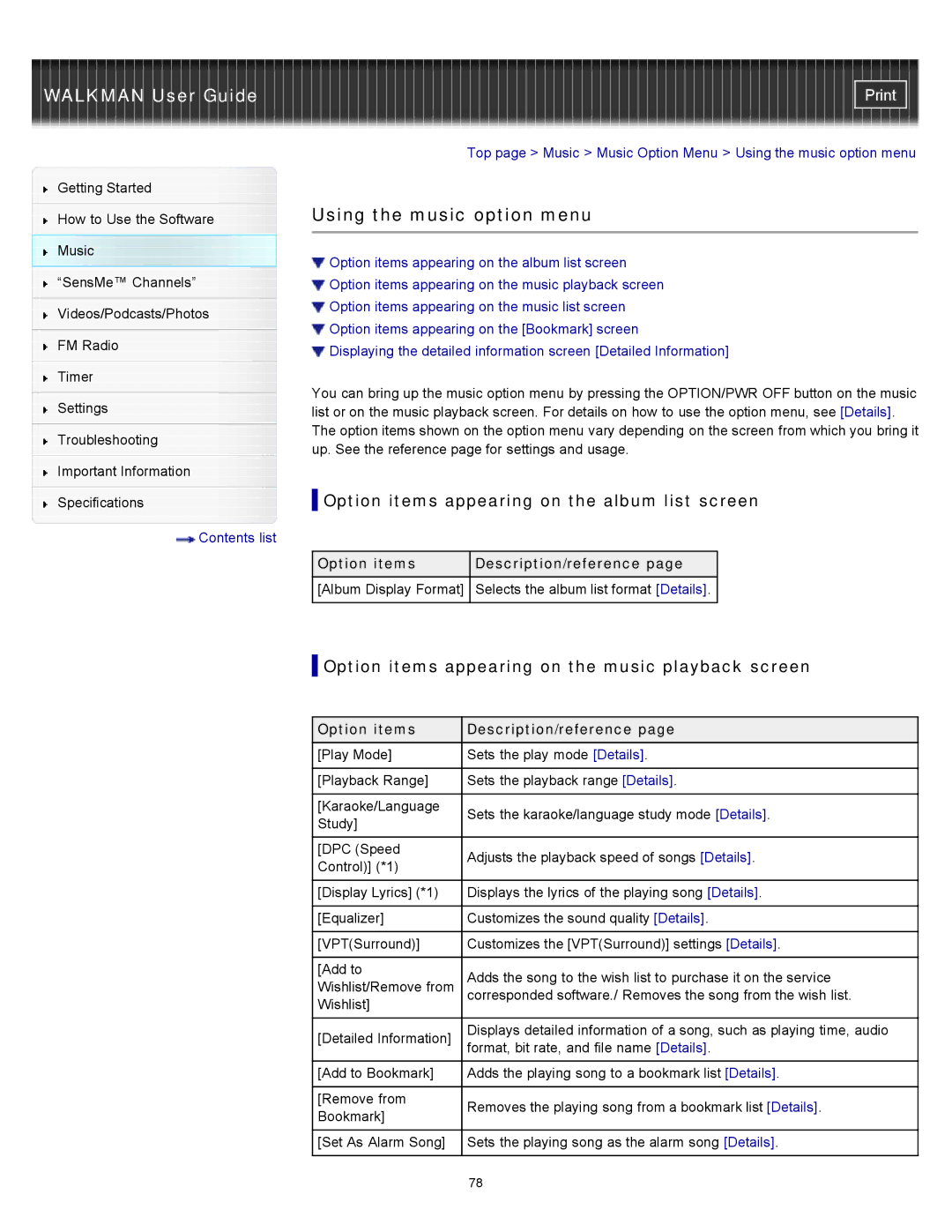 Sony NWZ-E355, NWZ-E353, NWZ-E354 specifications Using the music option menu, Option items appearing on the album list screen 