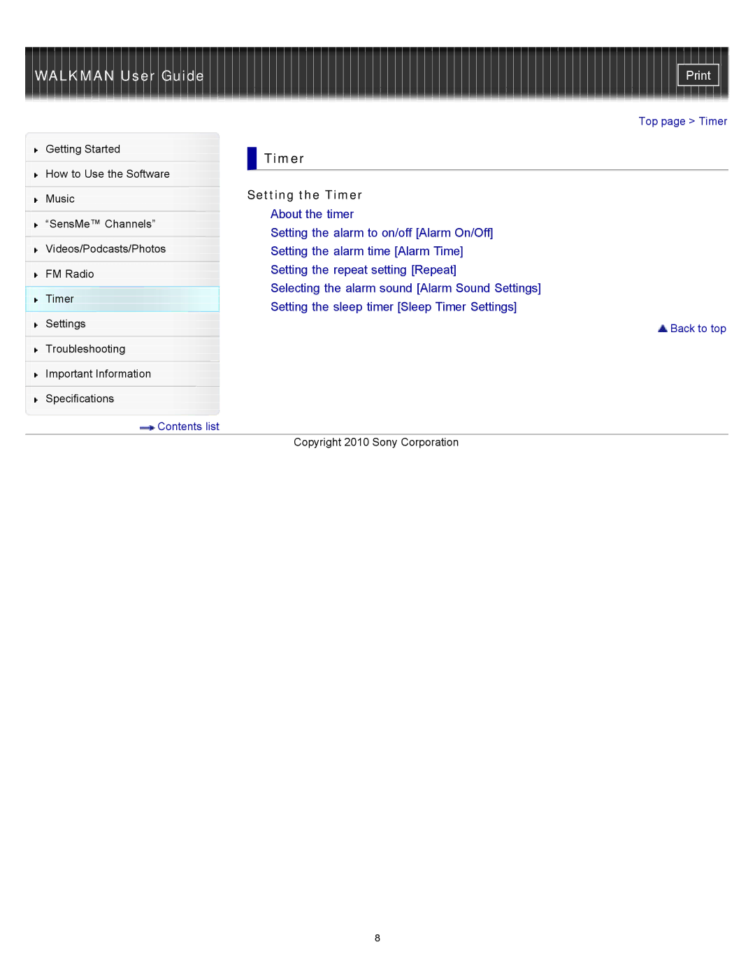 Sony NWZ-E354, NWZ-E355, NWZ-E353 specifications Setting the Timer 