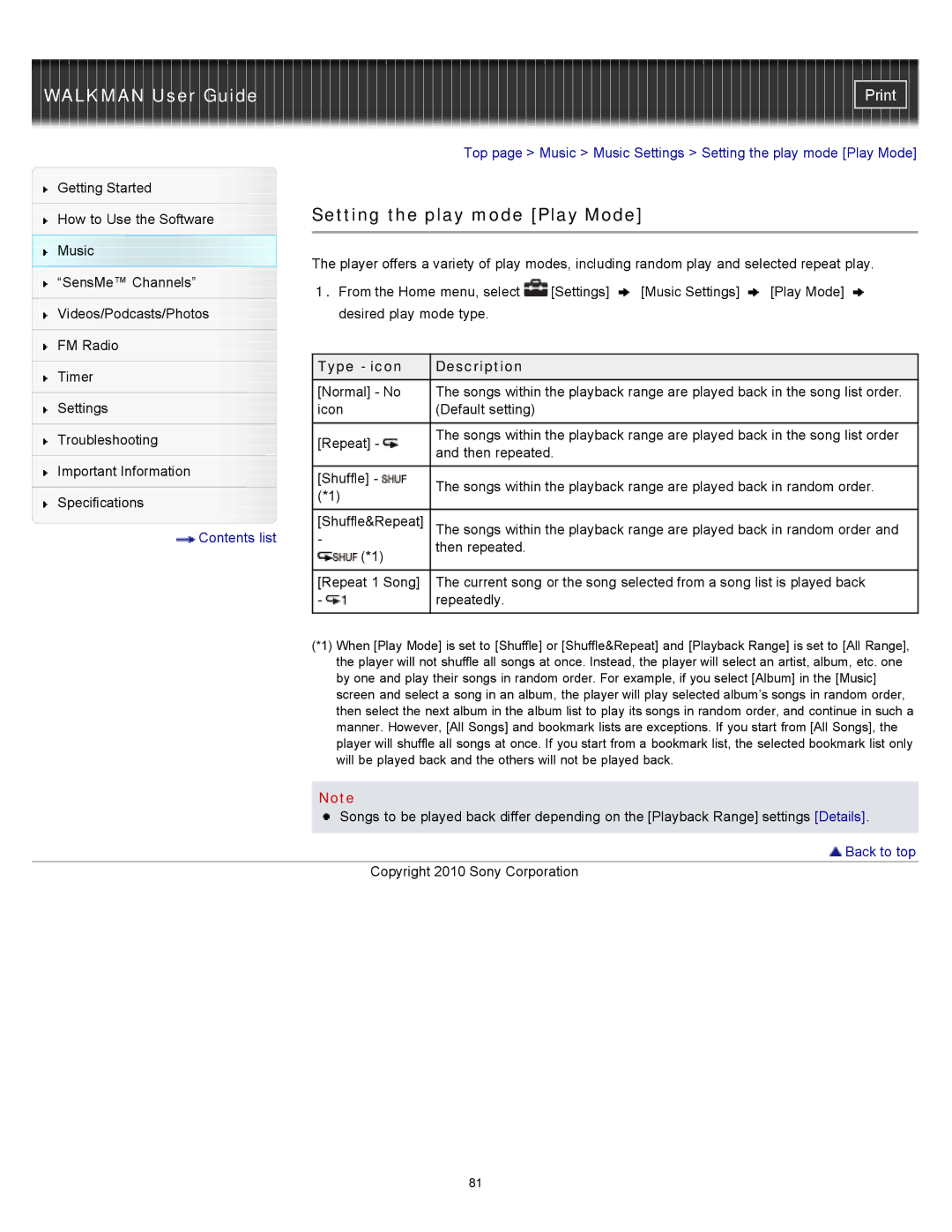 Sony NWZ-E355, NWZ-E353, NWZ-E354 specifications Setting the play mode Play Mode, Type icon Description 