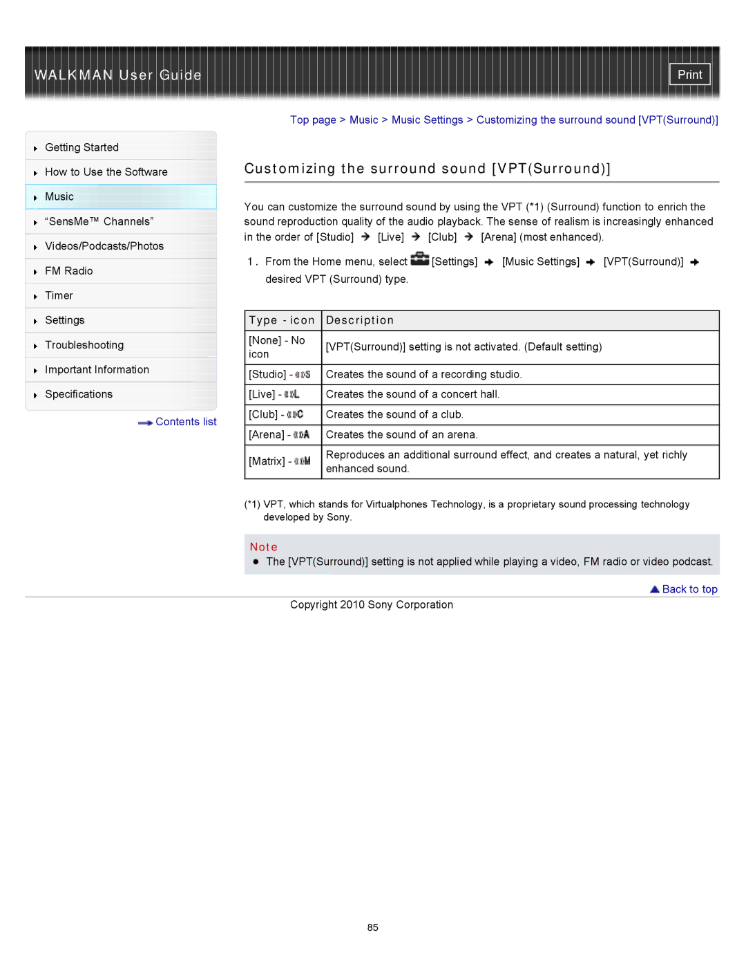 Sony NWZ-E353, NWZ-E355, NWZ-E354 specifications Customizing the surround sound VPTSurround, Type icon Description 