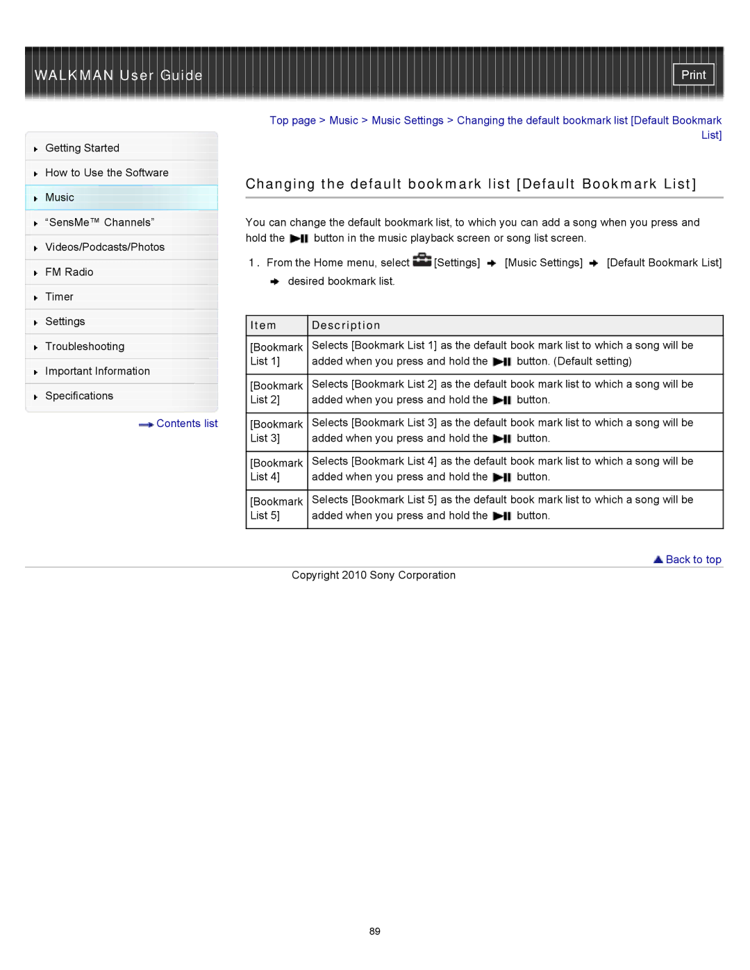 Sony NWZ-E354, NWZ-E355, NWZ-E353 specifications Changing the default bookmark list Default Bookmark List 