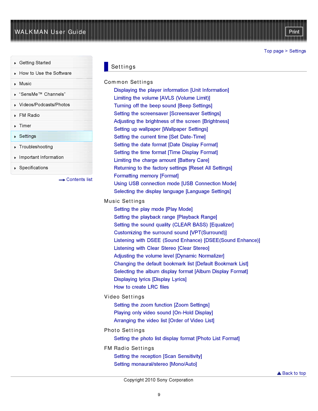 Sony NWZ-E355, NWZ-E353, NWZ-E354 specifications Common Settings 