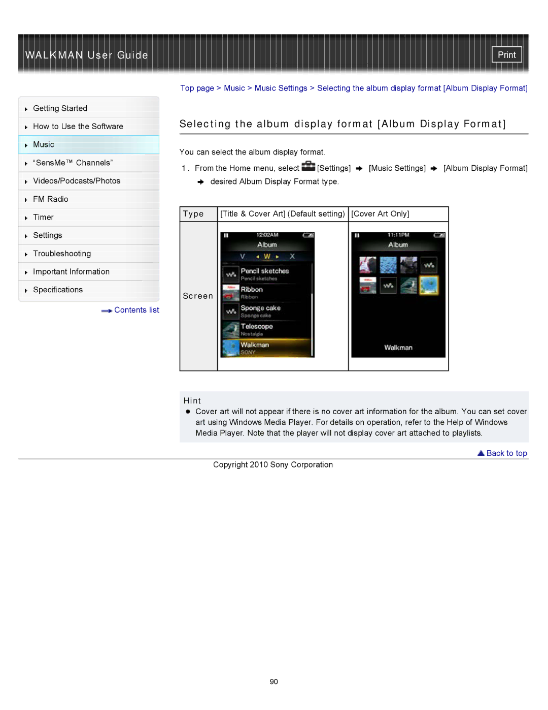 Sony NWZ-E355, NWZ-E353, NWZ-E354 specifications Selecting the album display format Album Display Format, Type, Screen Hint 