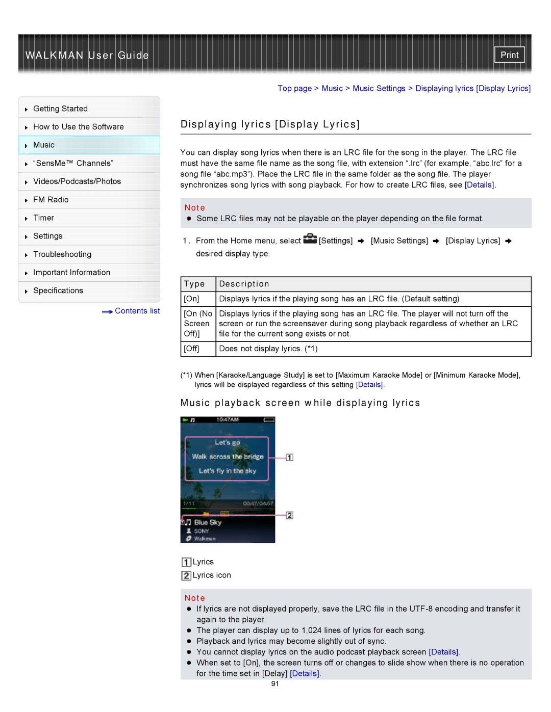 Sony NWZ-E353, NWZ-E355, NWZ-E354 Displaying lyrics Display Lyrics, Music playback screen while displaying lyrics 