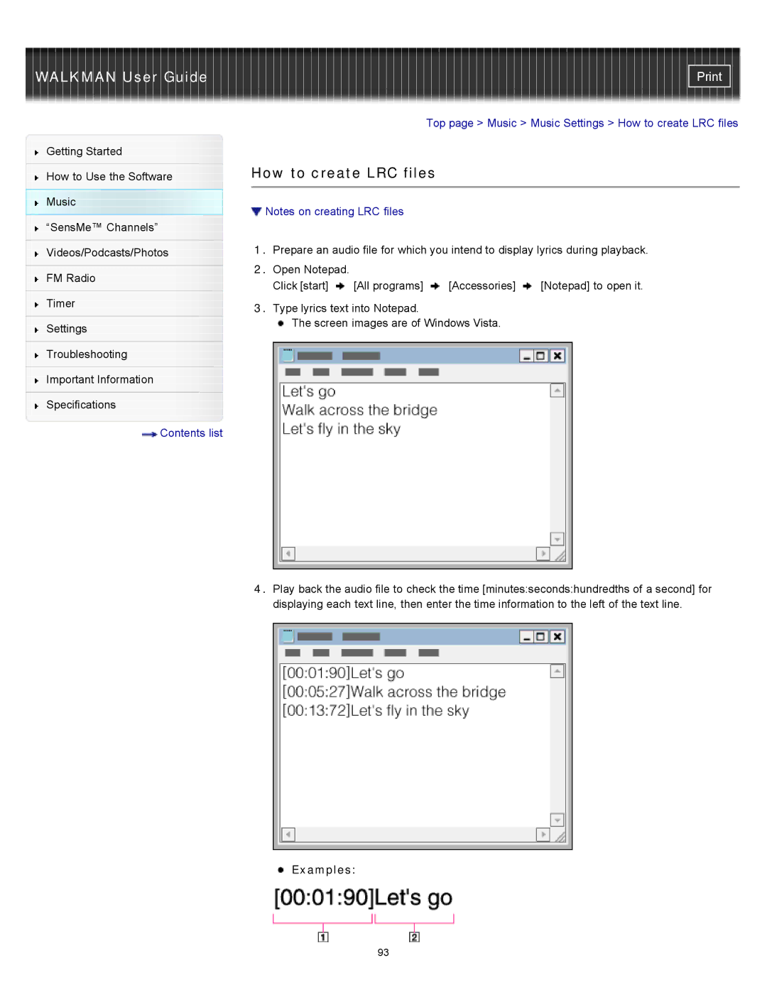 Sony NWZ-E355, NWZ-E353, NWZ-E354 specifications How to create LRC files, Examples 