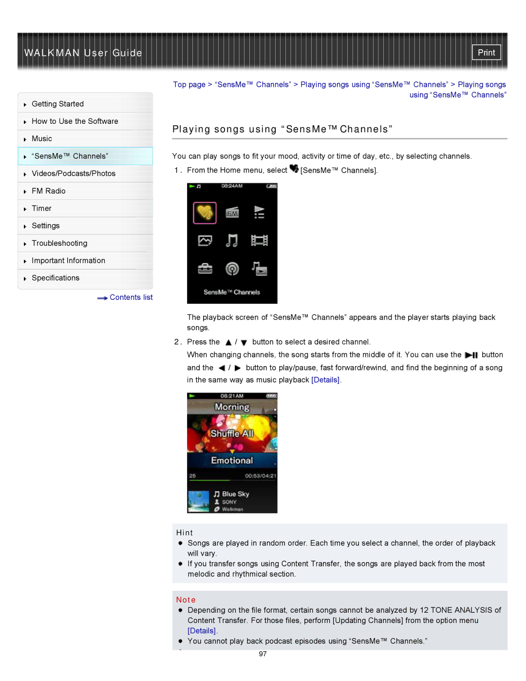 Sony NWZ-E353, NWZ-E355, NWZ-E354 specifications Playing songs using SensMe Channels, Hint 