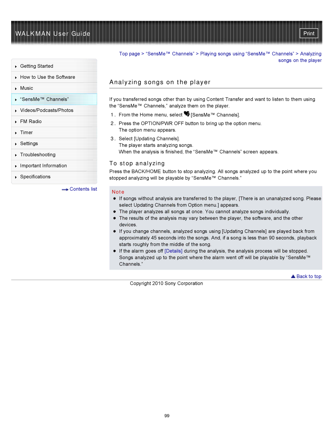 Sony NWZ-E355, NWZ-E353, NWZ-E354 specifications Analyzing songs on the player, To stop analyzing 