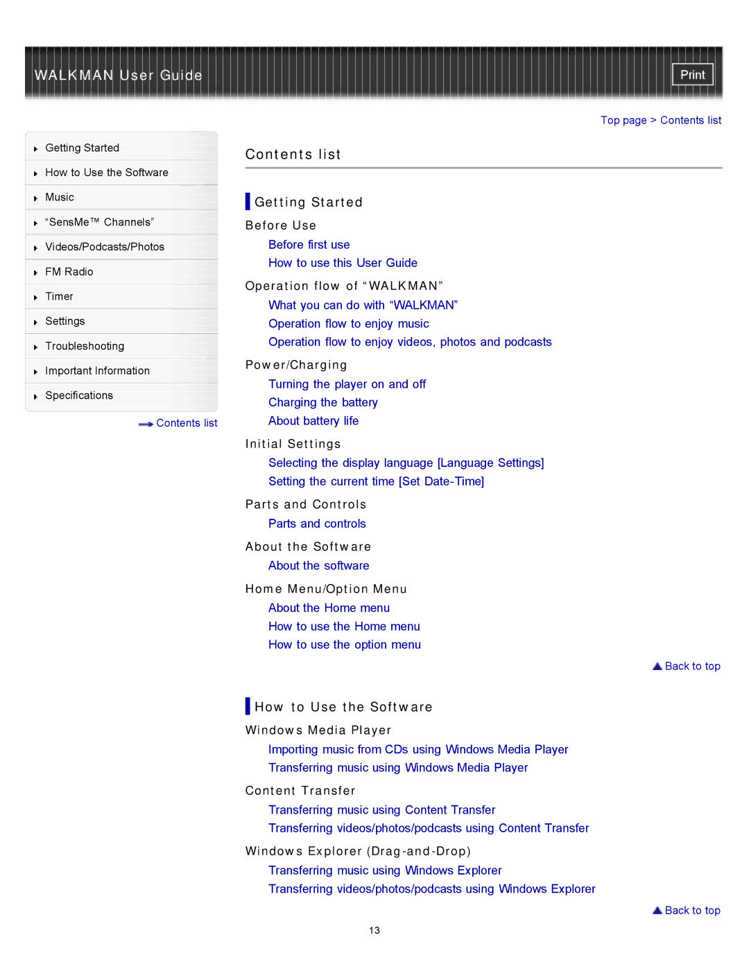 Sony NWZ-E354, NWZ-E355 specifications Contents list 