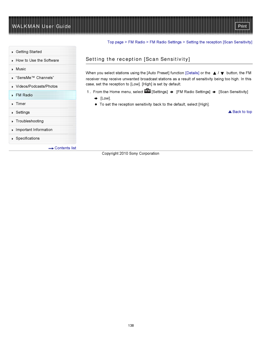 Sony NWZ-E355, NWZ-E354 specifications Setting the reception Scan Sensitivity 