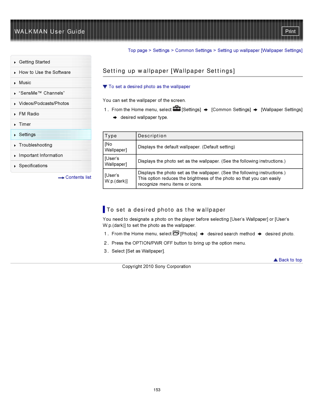 Sony NWZ-E354, NWZ-E355 specifications Setting up wallpaper Wallpaper Settings, To set a desired photo as the wallpaper 