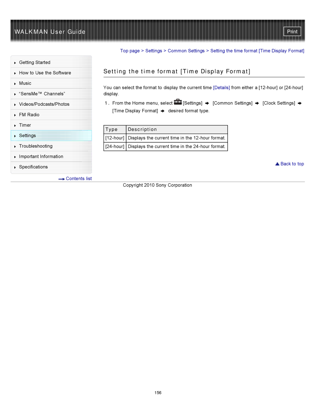 Sony NWZ-E355, NWZ-E354 specifications Setting the time format Time Display Format, How to Use the Software Music 