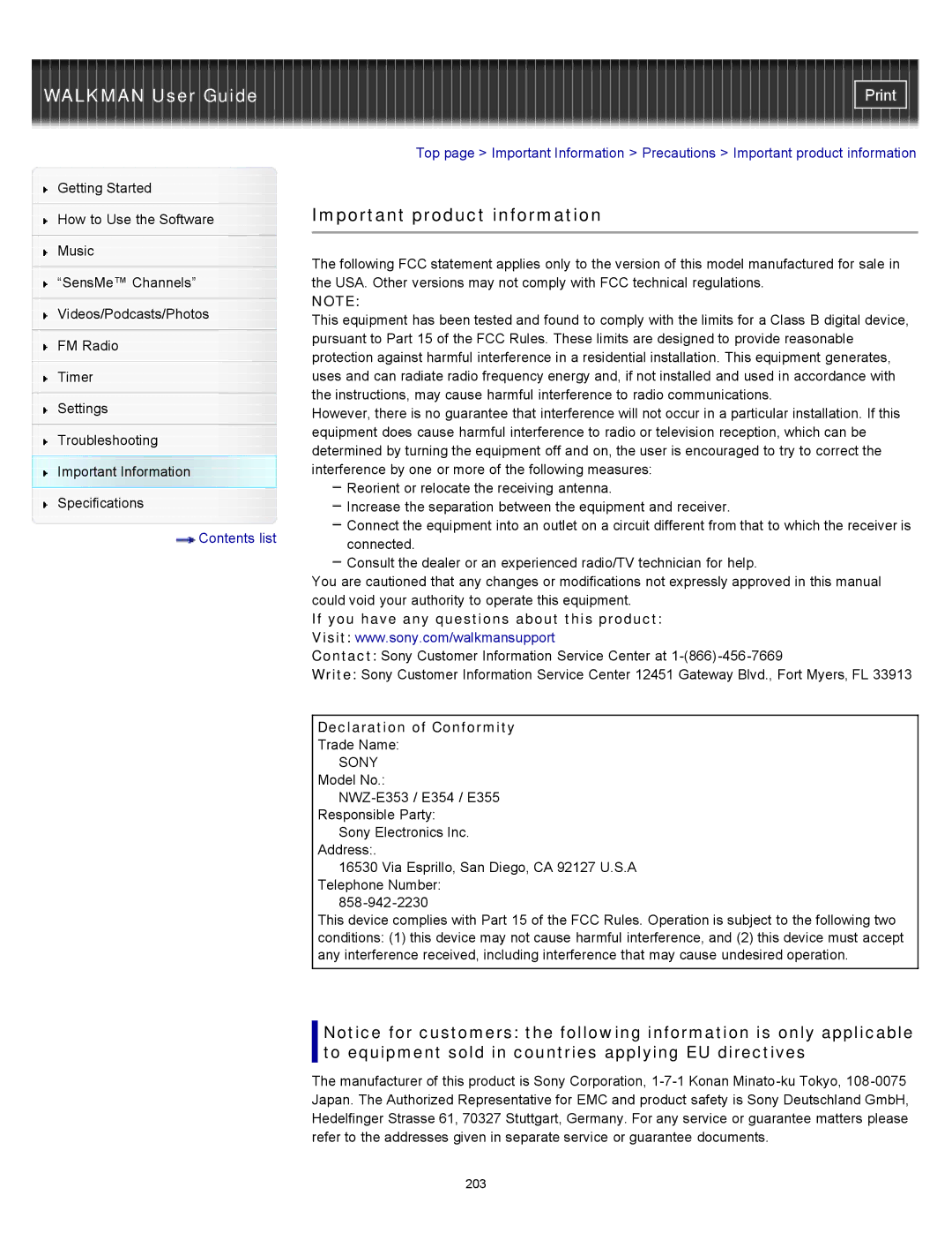 Sony NWZ-E354 Important product information, If you have any questions about this product, Declaration of Conformity 