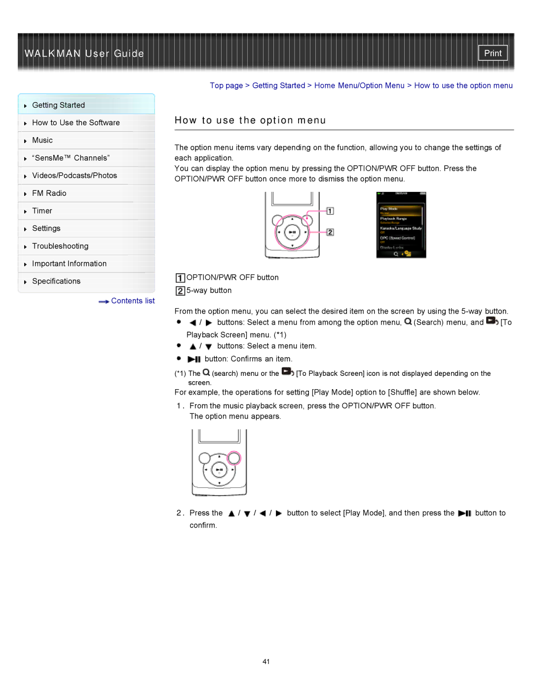 Sony NWZ-E354, NWZ-E355 specifications How to use the option menu 