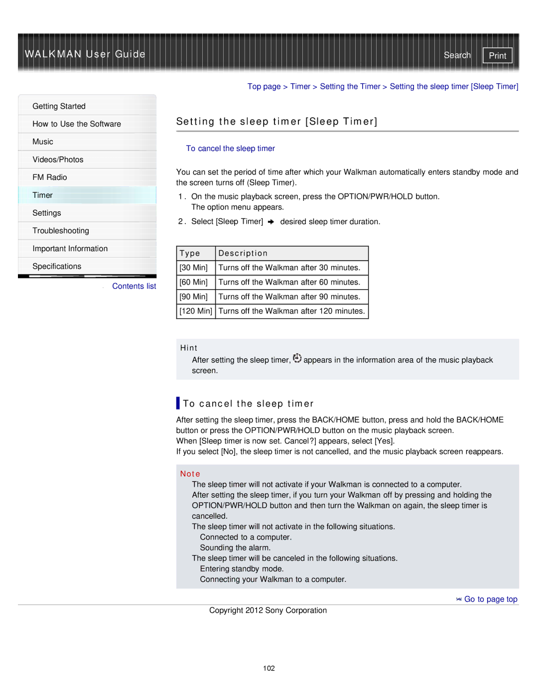 Sony NWZ-E373, NWZ-E375, NWZ-E374RED specifications Setting the sleep timer Sleep Timer, To cancel the sleep timer 