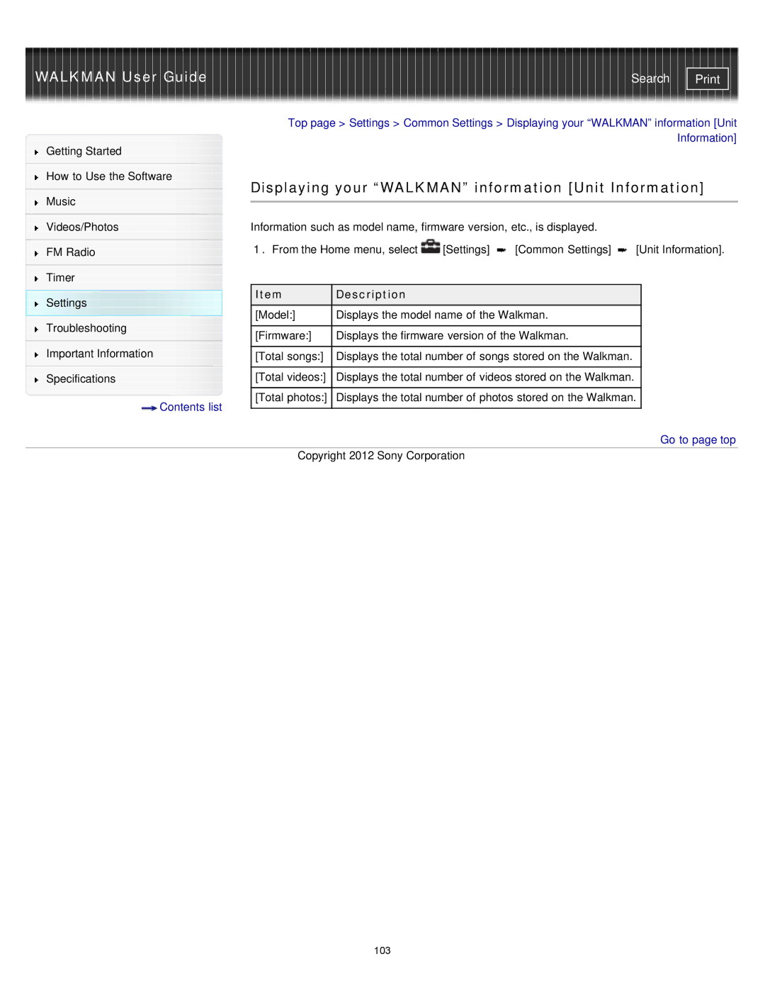 Sony NWZ-E374RED, NWZ-E375, NWZ-E373 specifications Displaying your Walkman information Unit Information 