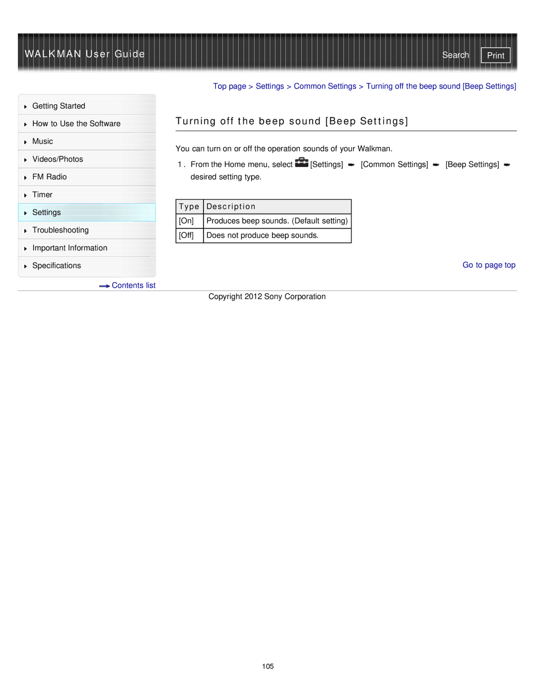 Sony NWZ-E375, NWZ-E373, NWZ-E374RED specifications Turning off the beep sound Beep Settings 