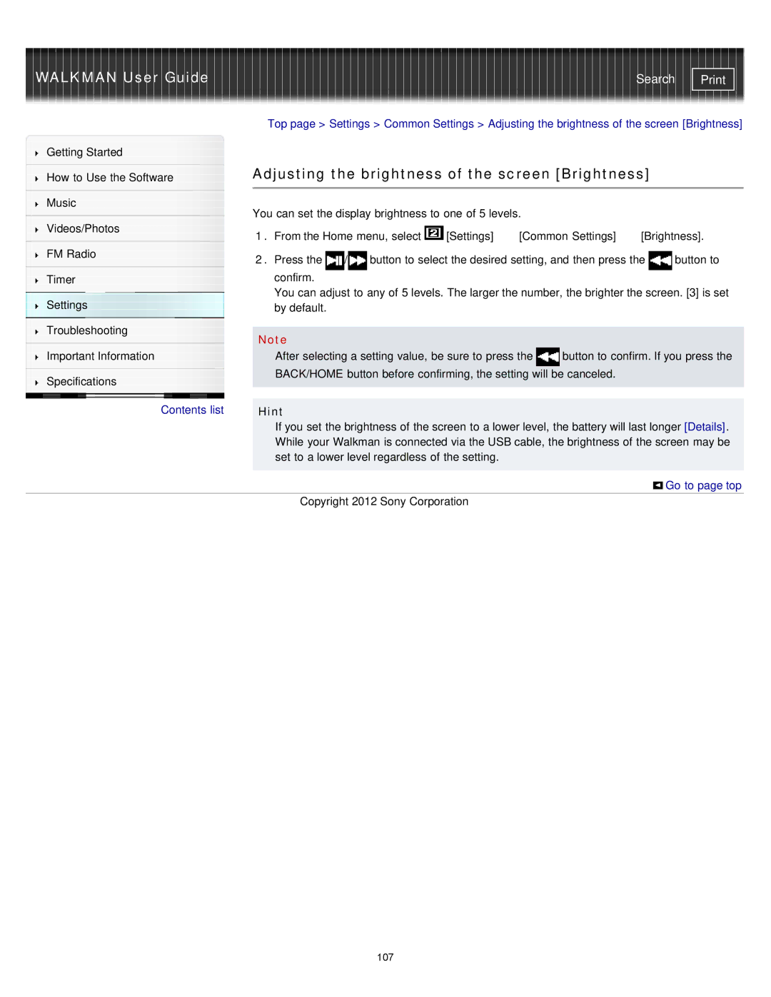 Sony NWZ-E374RED, NWZ-E375, NWZ-E373 specifications Adjusting the brightness of the screen Brightness, Hint 