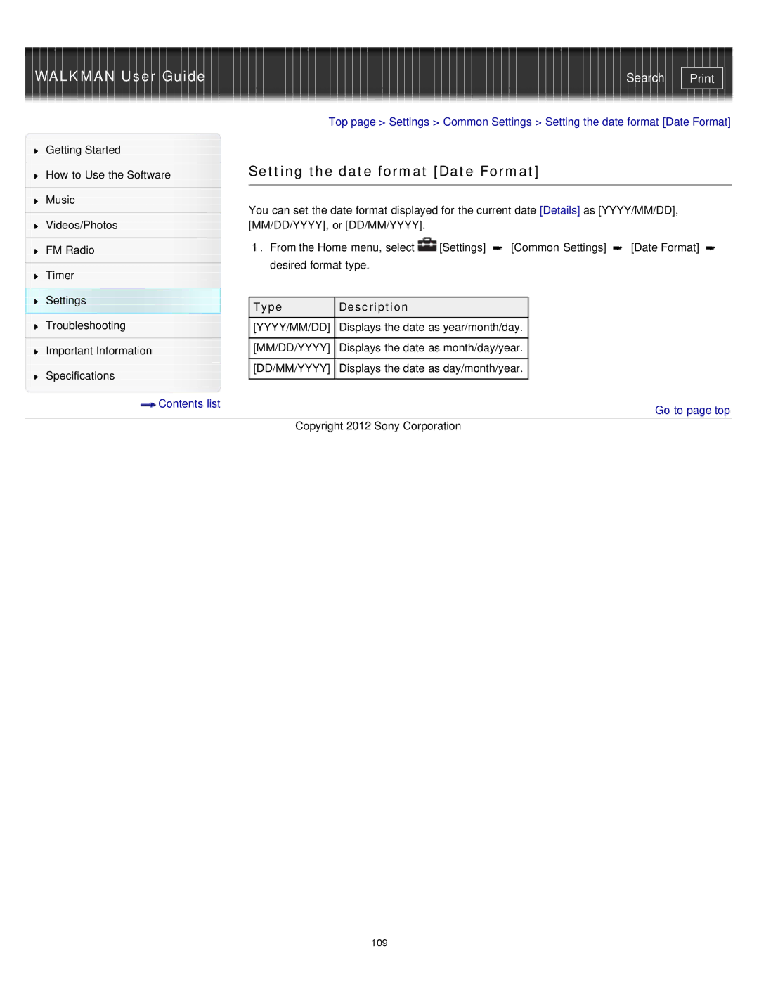 Sony NWZ-E375, NWZ-E373, NWZ-E374RED specifications Setting the date format Date Format, Dd/Mm/Yyyy 