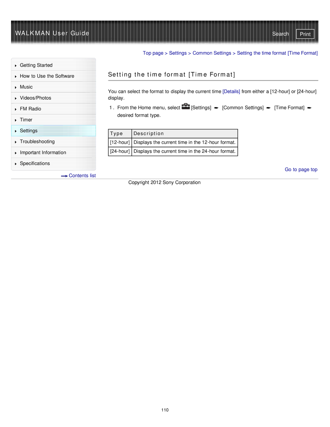 Sony NWZ-E373, NWZ-E375, NWZ-E374RED specifications Setting the time format Time Format, How to Use the Software Music 