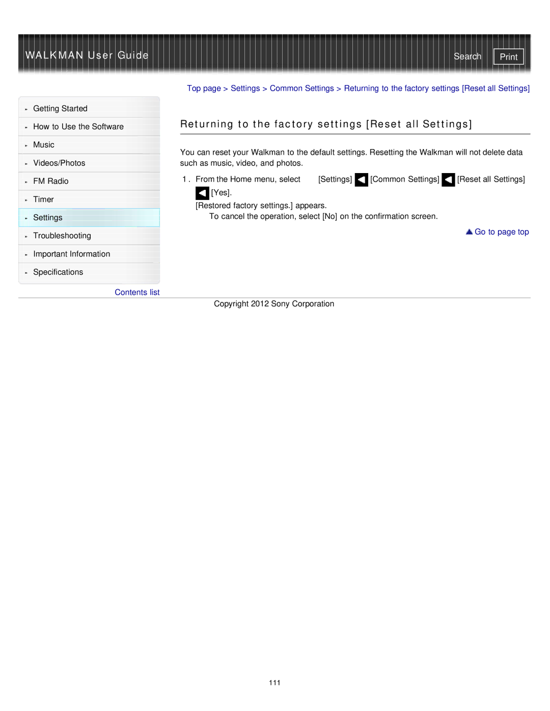 Sony NWZ-E374RED, NWZ-E375, NWZ-E373 specifications Returning to the factory settings Reset all Settings 