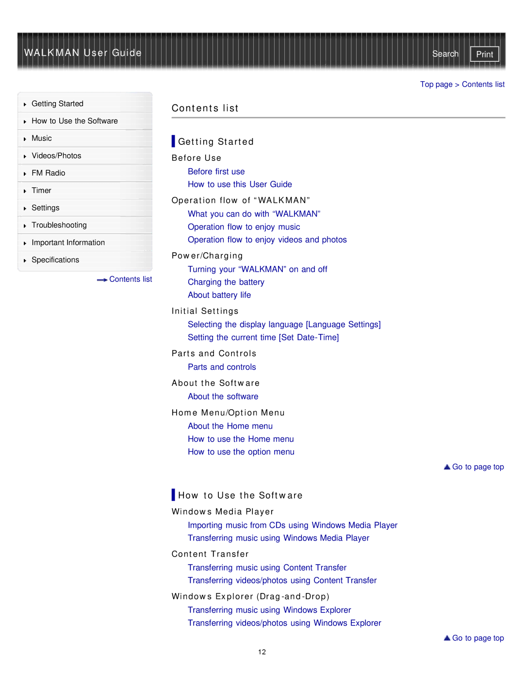 Sony NWZ-E375, NWZ-E373, NWZ-E374RED specifications Contents list 