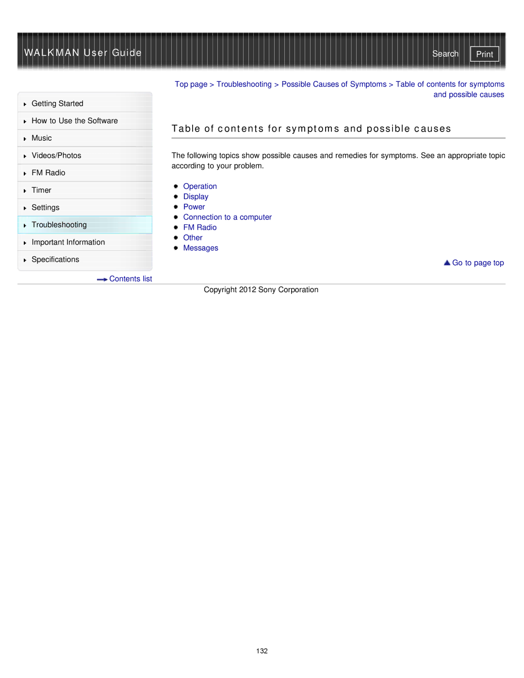 Sony NWZ-E375, NWZ-E373, NWZ-E374RED specifications Table of contents for symptoms and possible causes 