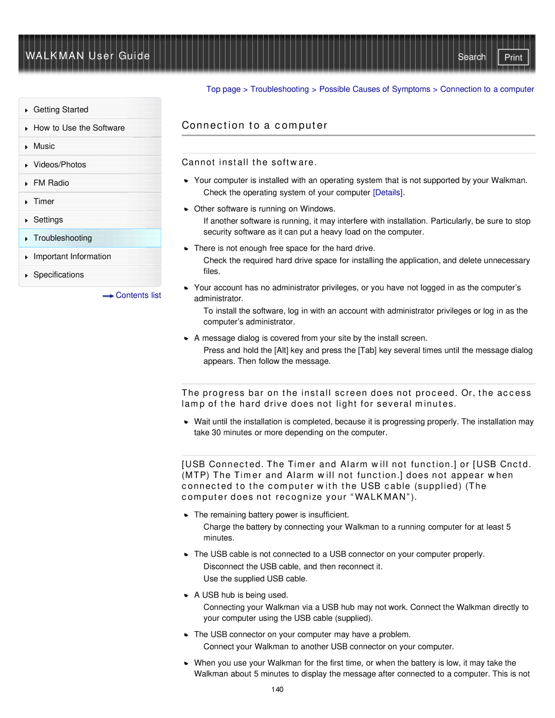 Sony NWZ-E375, NWZ-E373, NWZ-E374RED specifications Connection to a computer, Cannot install the software 