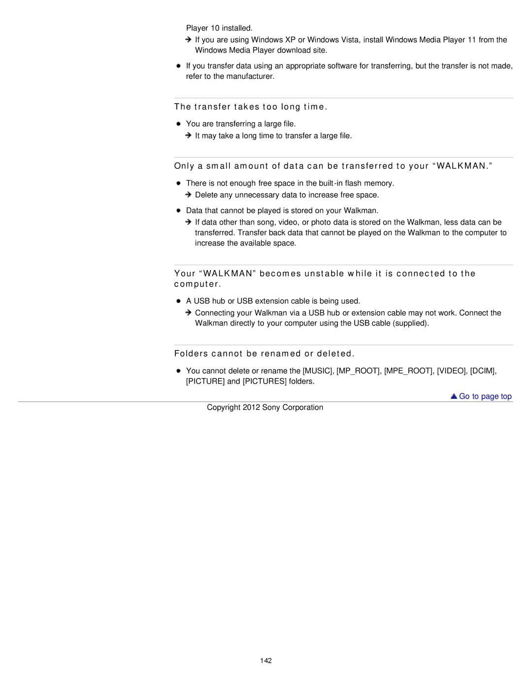 Sony NWZ-E373, NWZ-E375, NWZ-E374RED specifications Transfer takes too long time, Folders cannot be renamed or deleted 