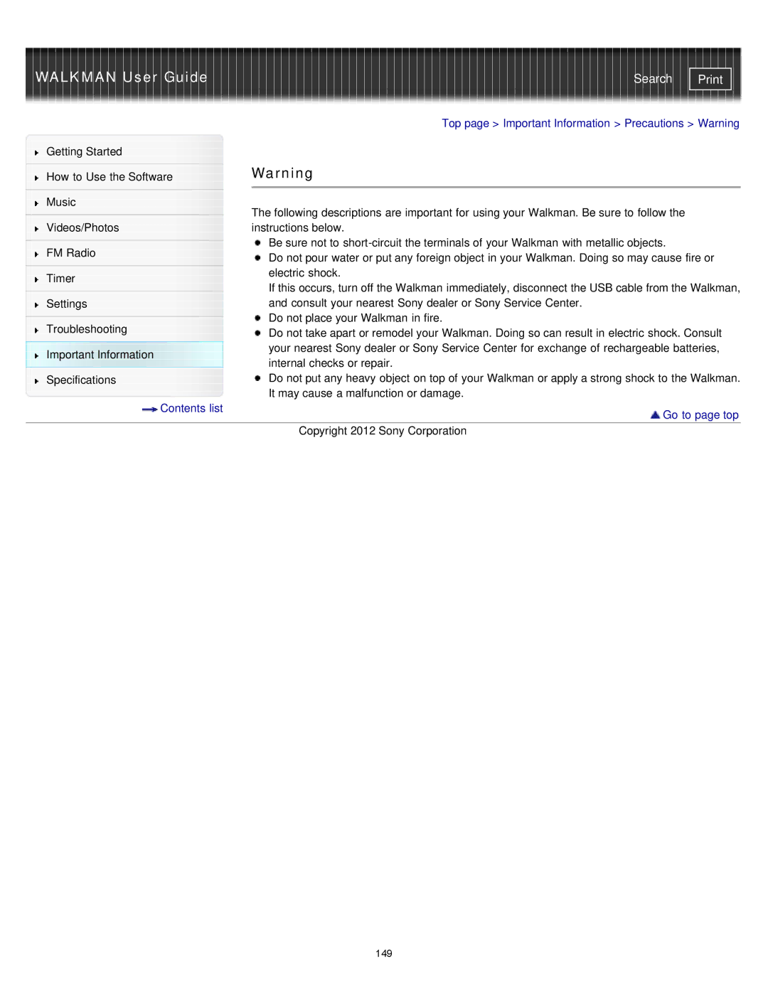 Sony NWZ-E375, NWZ-E373, NWZ-E374RED specifications Top page Important Information Precautions Warning 