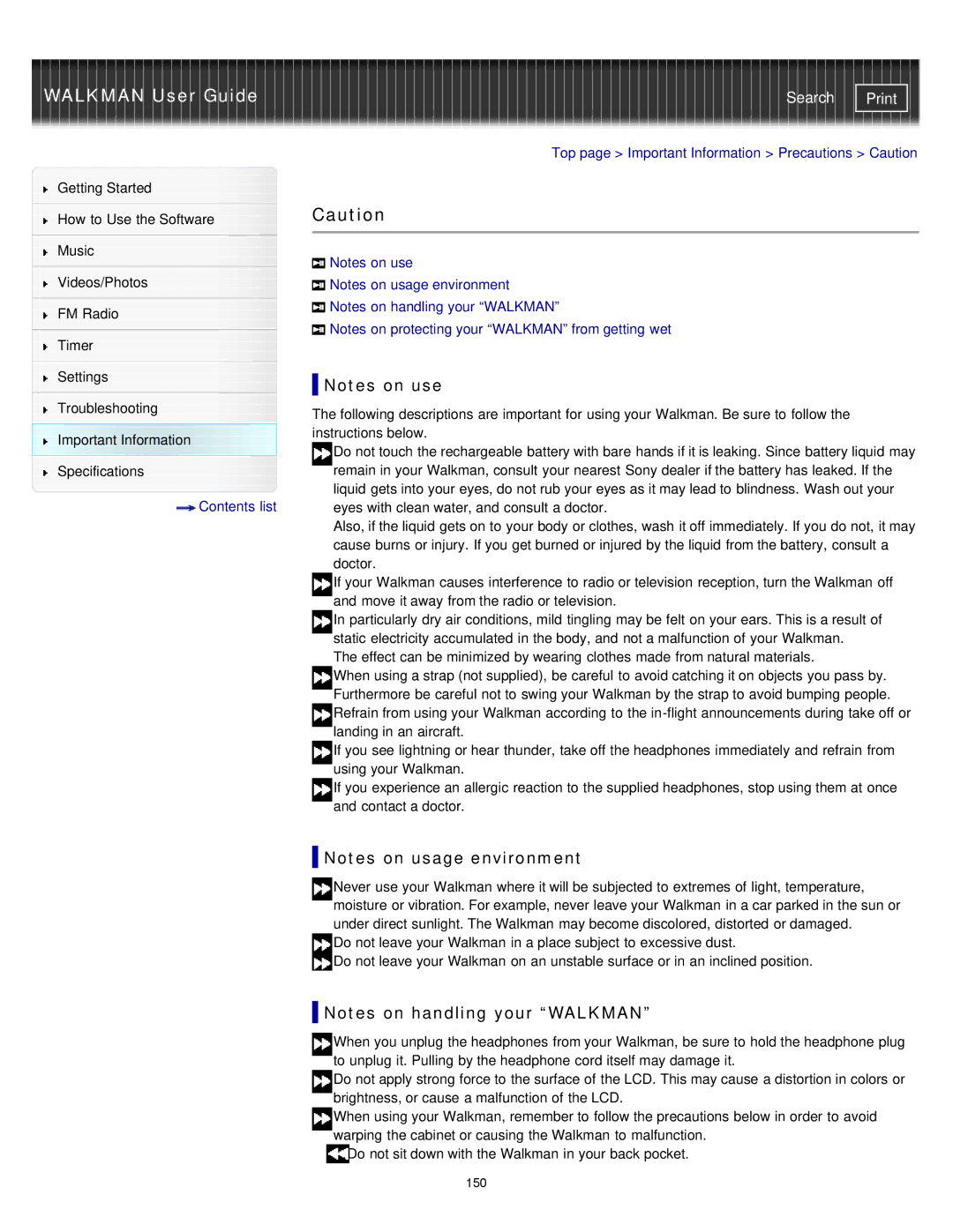 Sony NWZ-E373, NWZ-E375, NWZ-E374RED specifications Top page Important Information Precautions Caution 