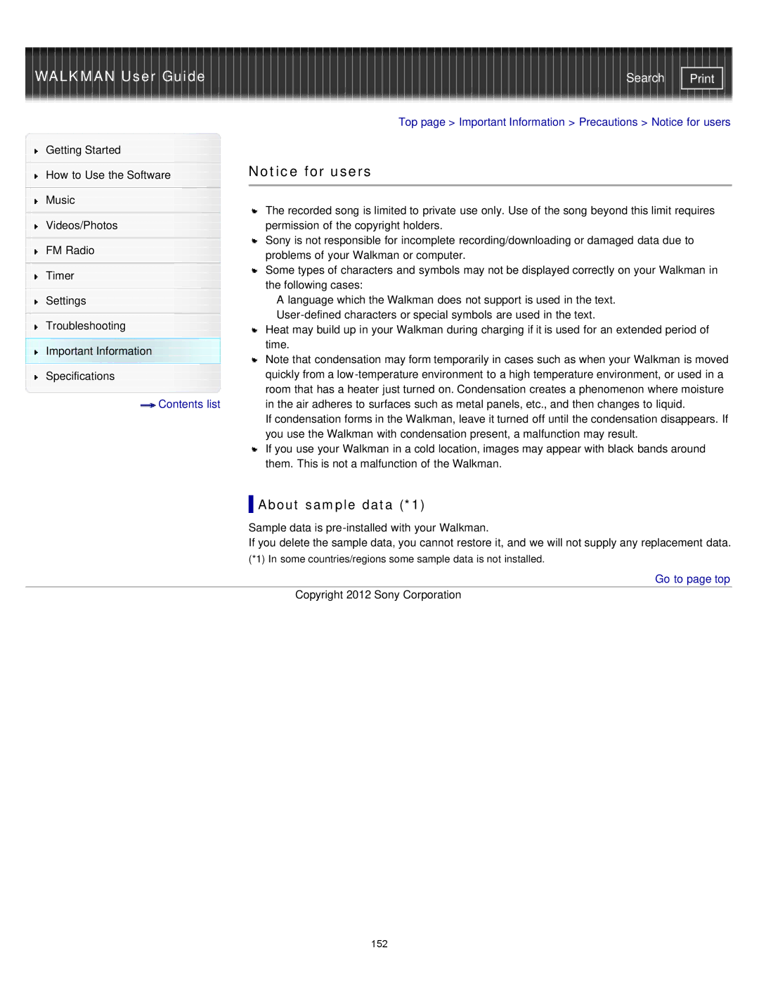 Sony NWZ-E375, NWZ-E374, NWZ-E373 About sample data *1, Top page Important Information Precautions Notice for users 