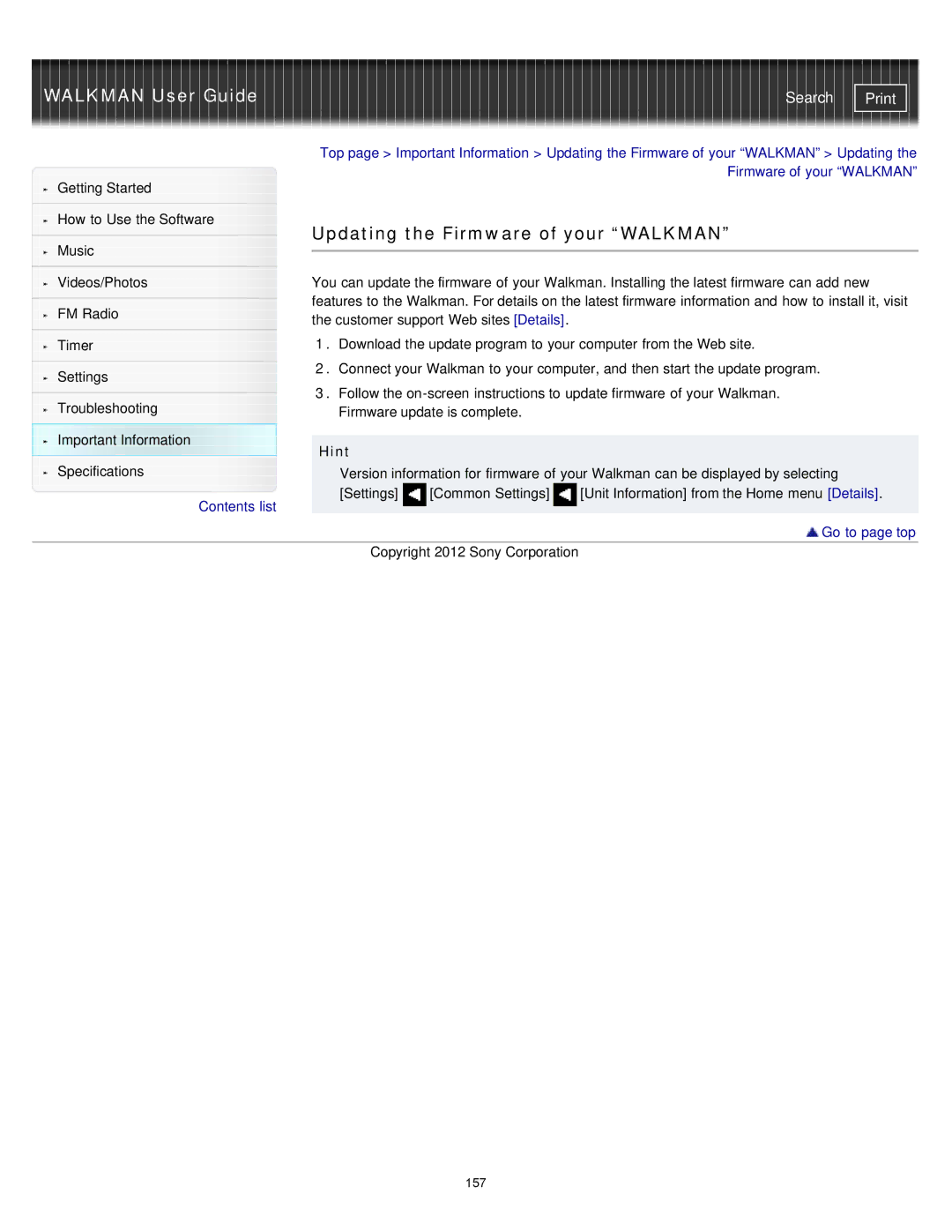 Sony NWZ-E375, NWZ-E373, NWZ-E374RED specifications Updating the Firmware of your Walkman, Hint 