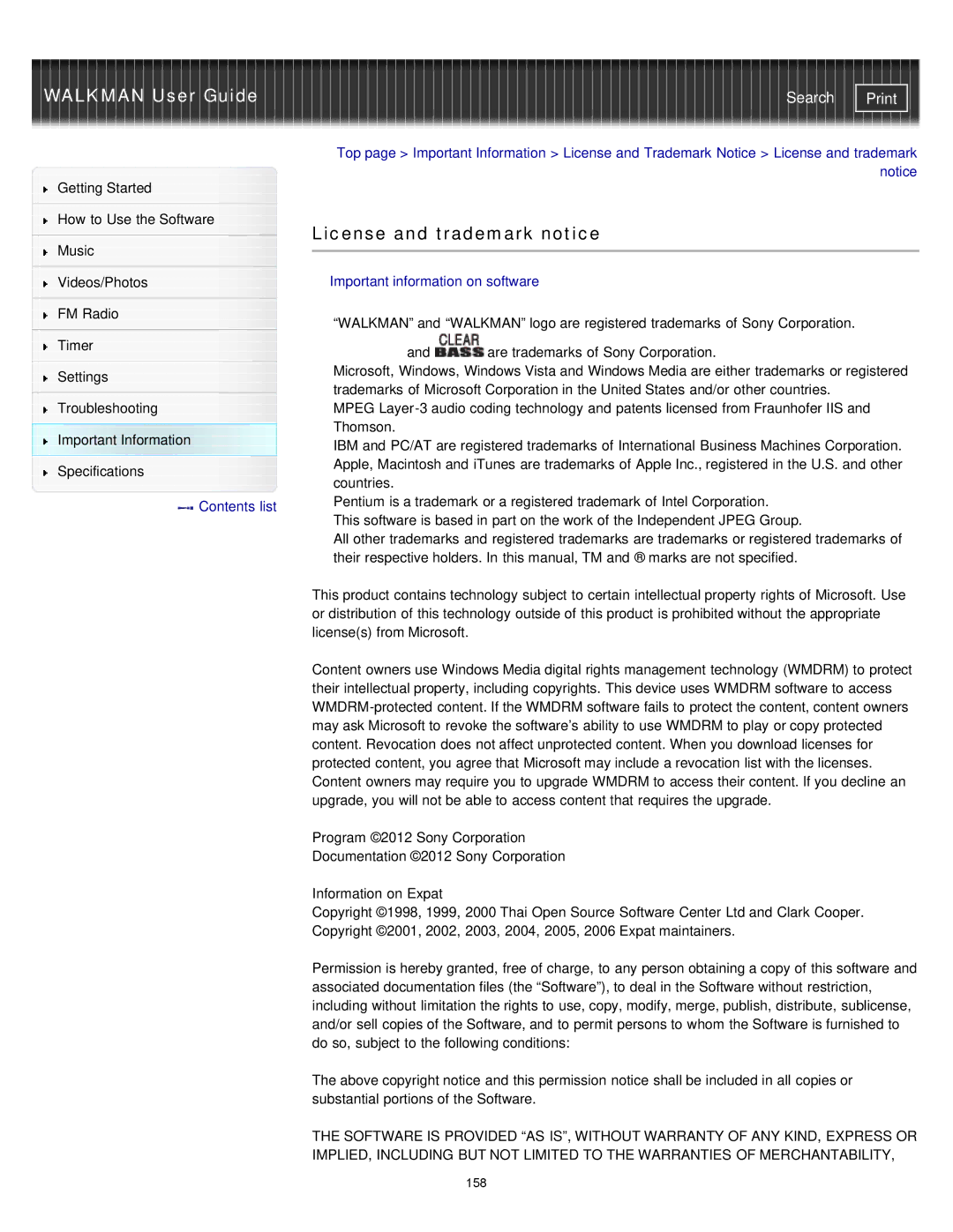 Sony NWZ-E373, NWZ-E375, NWZ-E374RED specifications License and trademark notice, Important information on software 