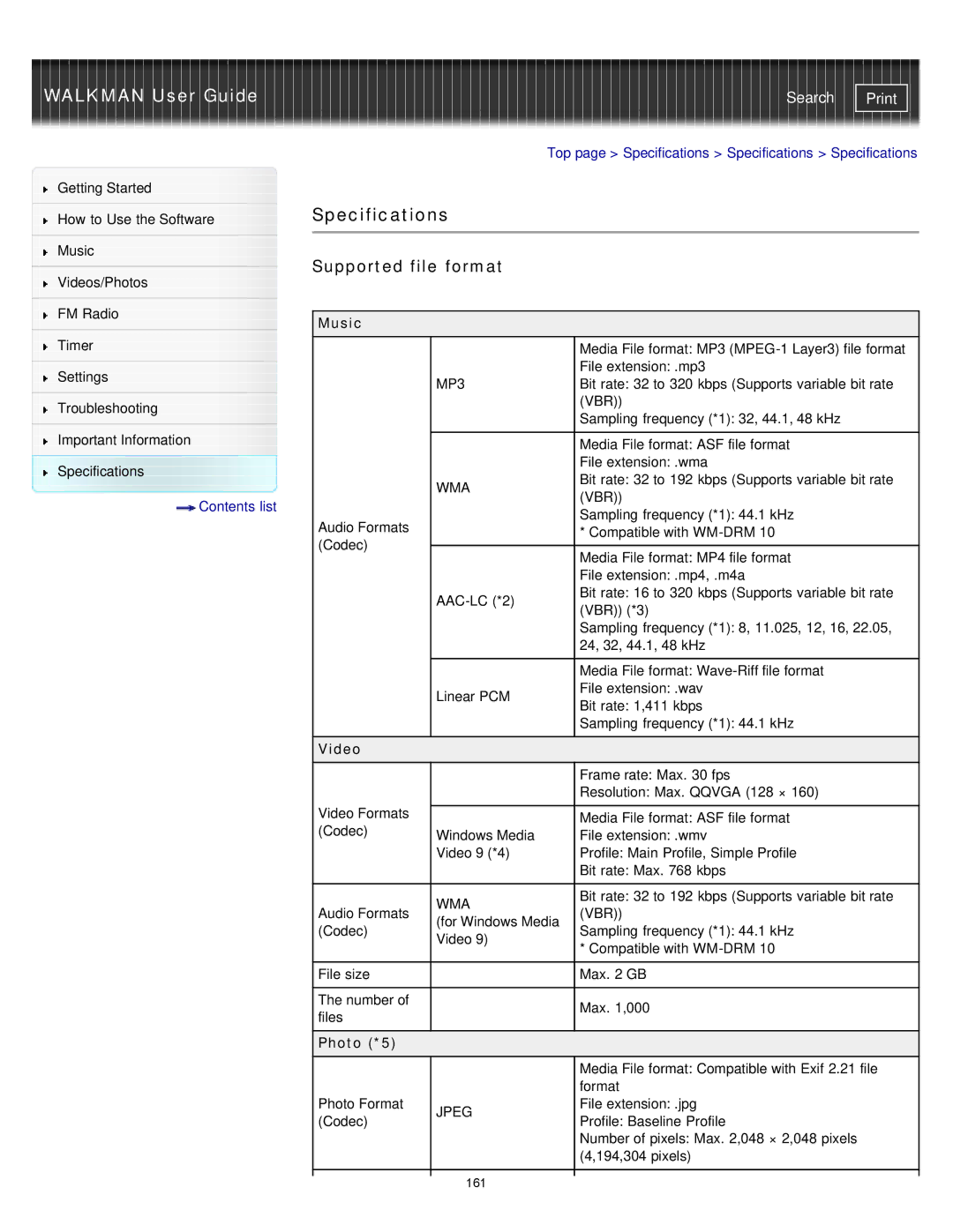 Sony NWZ-E375, NWZ-E373, NWZ-E374RED specifications Specifications, Supported file format, Music, Video, Photo *5 