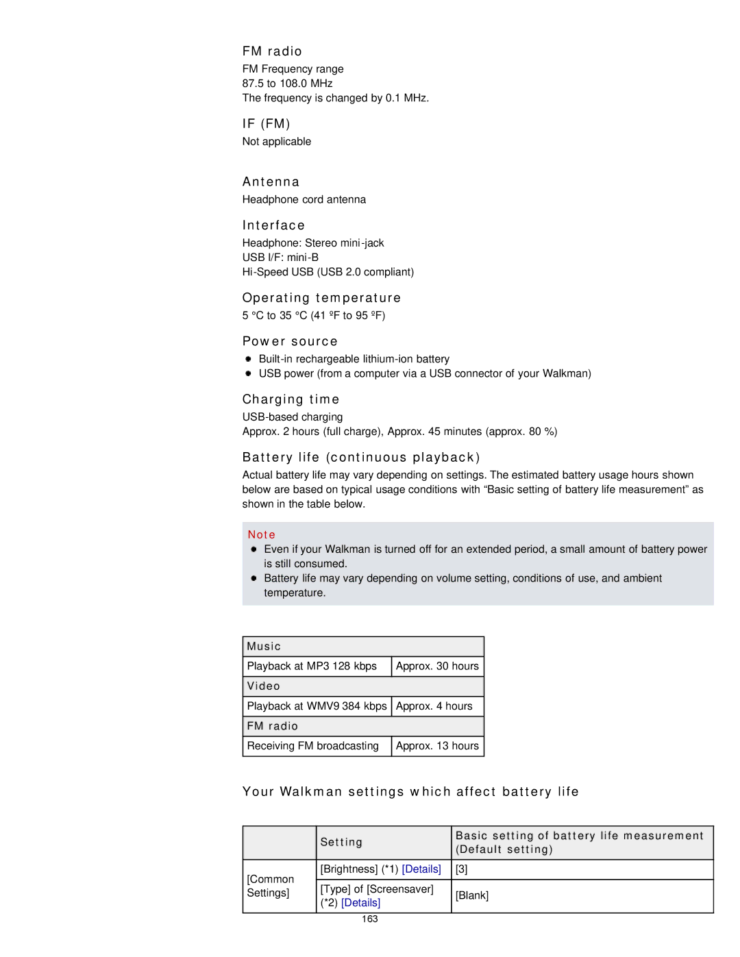 Sony NWZ-E374RED Antenna, Interface, Operating temperature, Power source, Charging time, Battery life continuous playback 