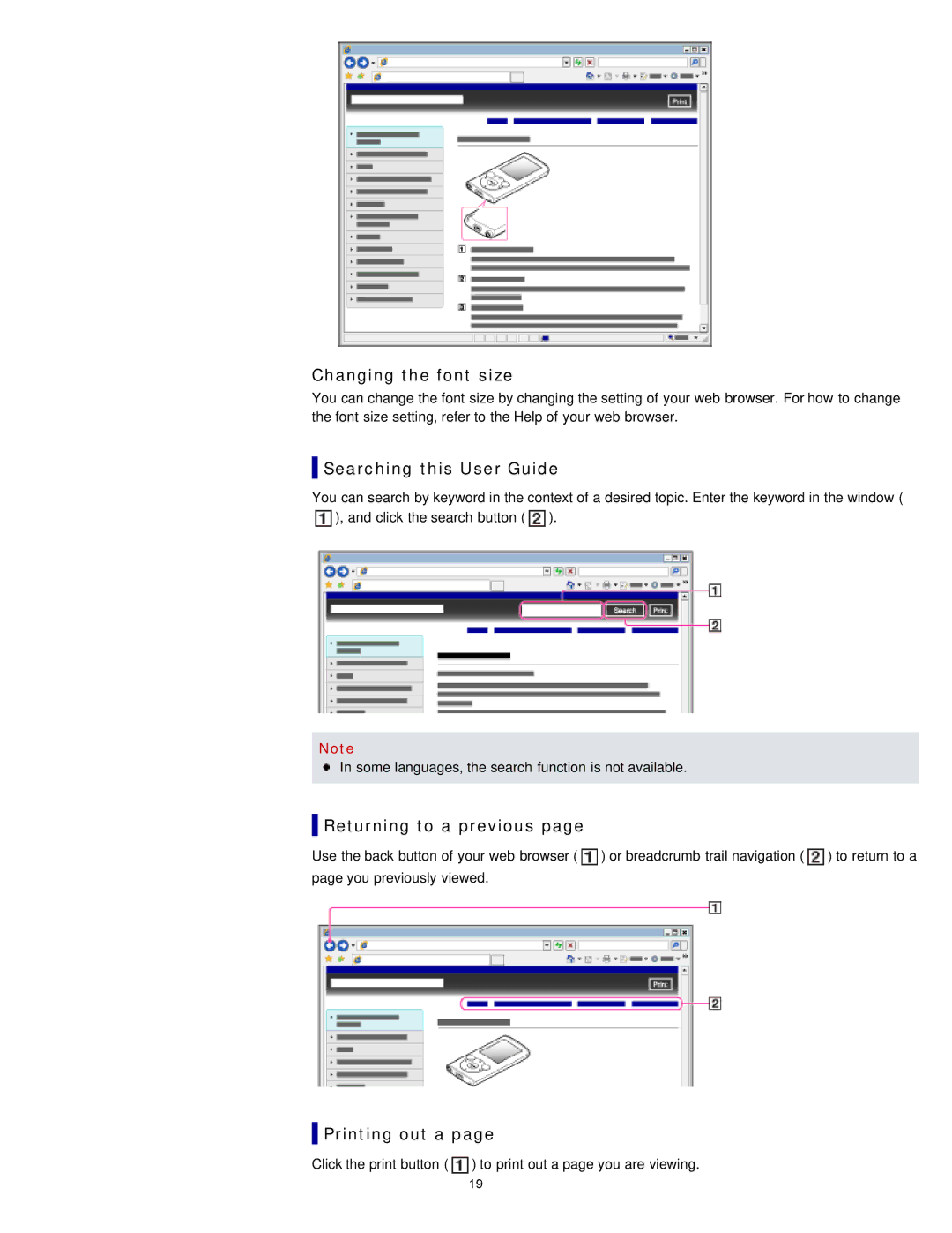 Sony NWZ-E374RED, NWZ-E375 Changing the font size, Searching this User Guide, Returning to a previous, Printing out a 