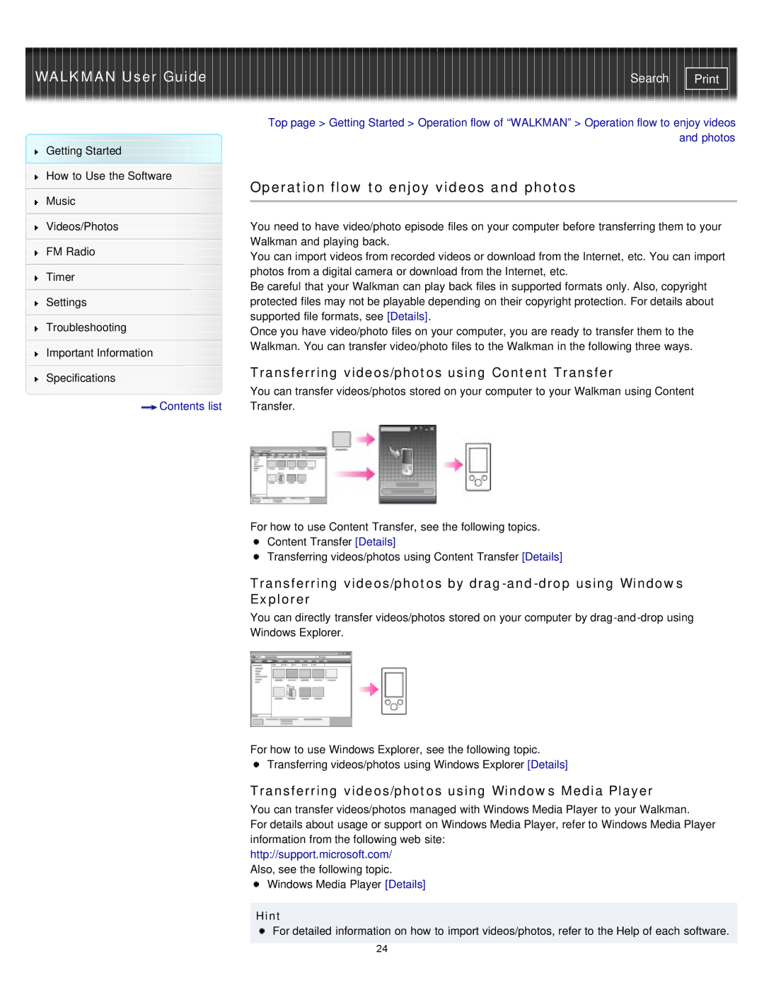 Sony NWZ-E375, NWZ-E374 Operation flow to enjoy videos and photos, Transferring videos/photos using Content Transfer 