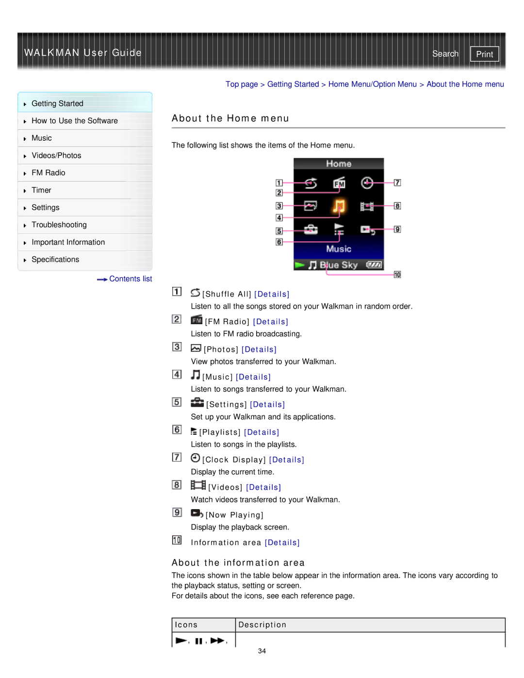 Sony NWZ-E373, NWZ-E375, NWZ-E374RED specifications About the Home menu, About the information area 