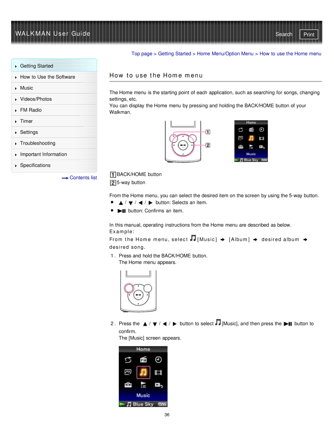 Sony NWZ-E375, NWZ-E373, NWZ-E374RED specifications How to use the Home menu 